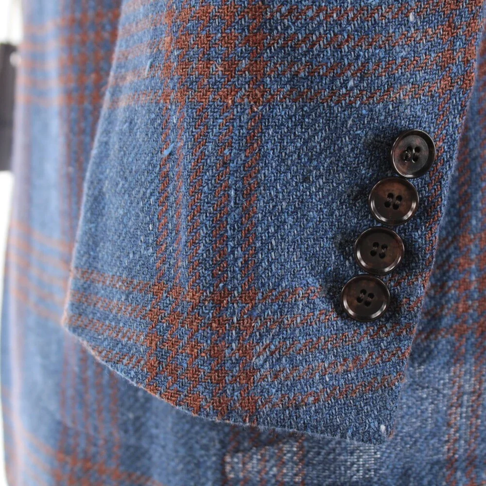 Sartorio Kiton NWT Linen Blend Sport Coat Size 50R 40R US In Blue w/ Brown Plaid